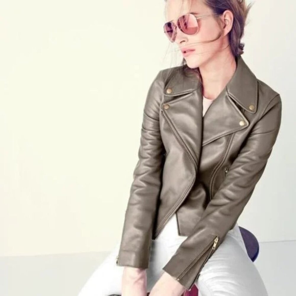 NWOT J.Crew Collection Leather Moto Jacket in Ash (Gray/Taupe) Size 0